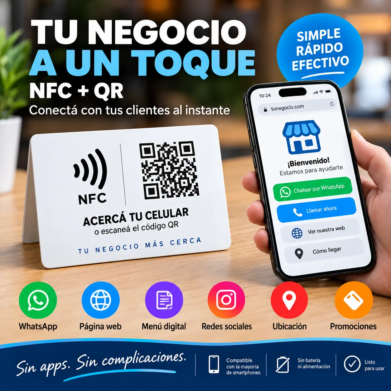 Tag NFC y código QR para conectar un negocio con un teléfono móvil