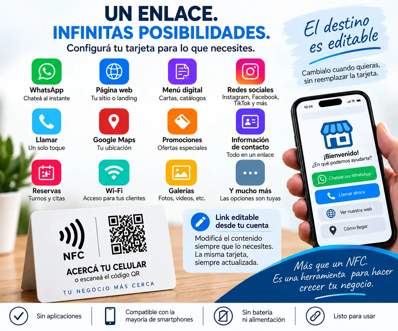 Usos de tags NFC y códigos QR para WhatsApp, web, menús y redes sociales